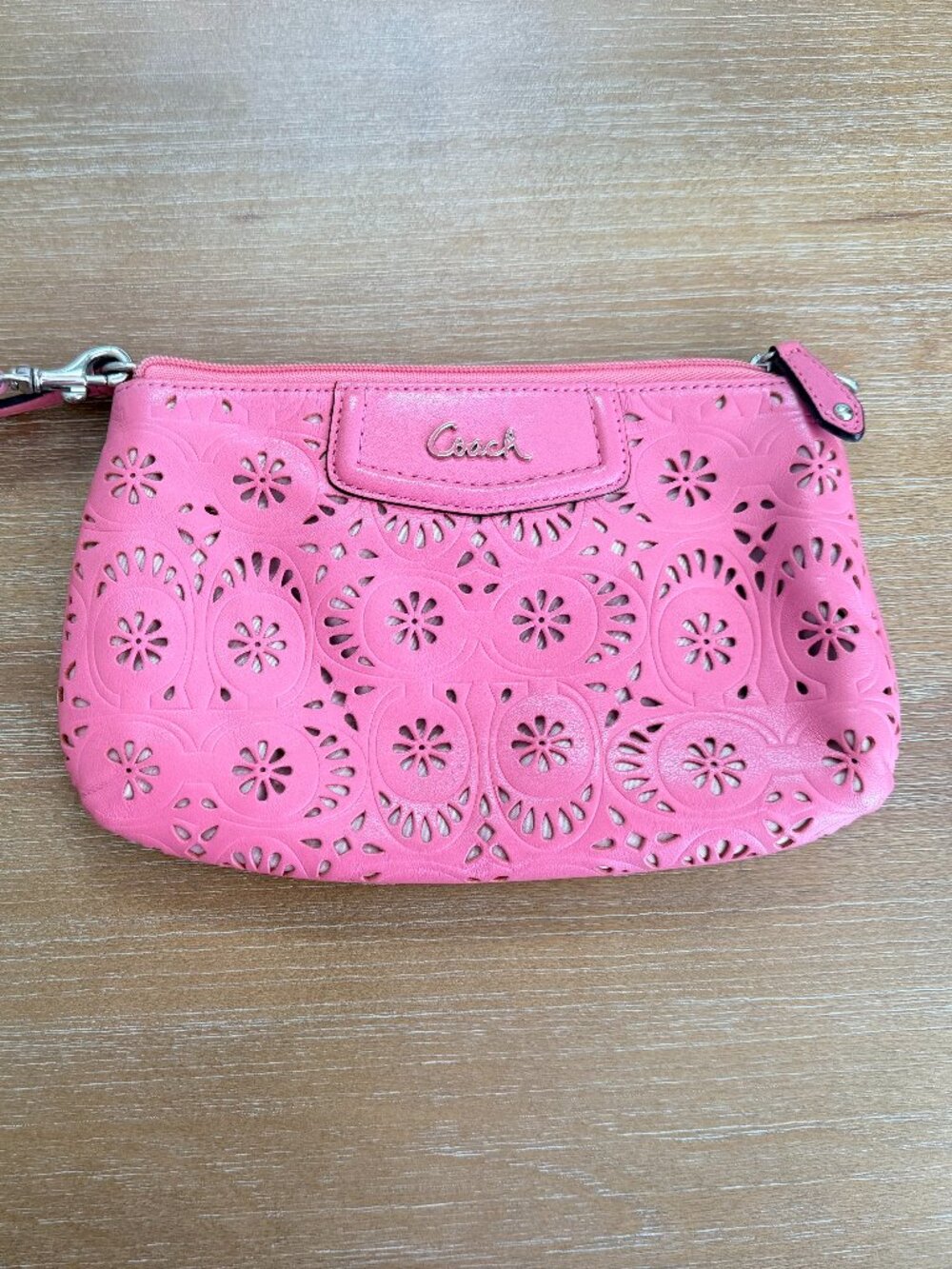 Coach Pink Leather Laser Cut Lace Wristlet Clutch Floral Zip Purse